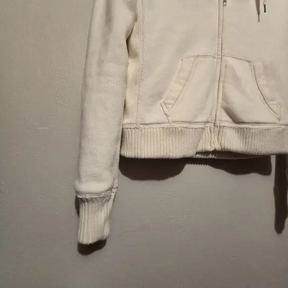 Vtg 90s Y2K Abercrombie Fitch NY AHoodie Womens L Ivory Sherpa Lined Patch Logo